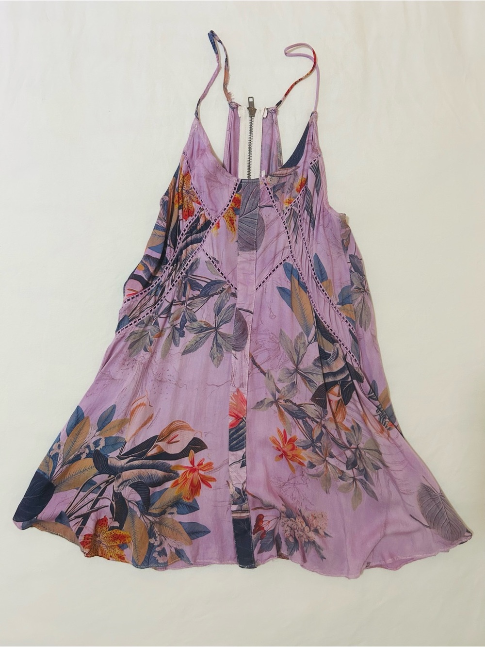 Boho Lavender Tropical Floral Strappy Lilac Trapeze Tunic Mini Dress XS
